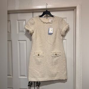 NWT SAIL TO SABLE HALSBROOK TWEED/WOOL BLEND RAW EDGE IVORY SHIFT DRESS SIZE M
